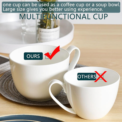 22 OZ Set 2 White Bone China Soup Mugs with Handles, Large Ceramic Coffee Mugs of for Hot Chocolate Cocoa Cereal Salads