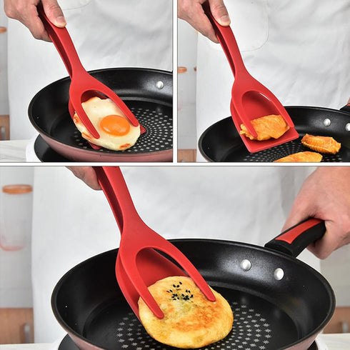 2 in 1 Grip and Flip Spatula Tongs, Large Non-Stick Food Clip Egg Turner for Cooking, Pancake, Omelet (Red)