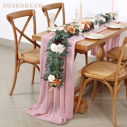 Dusty Rose Chiffon Table Runner - 27x120 Inches Long Elegant Sheer Fabric for Bridal Party Decorations