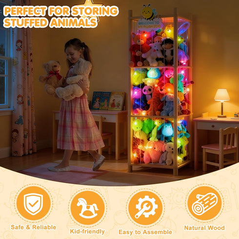 Hsenowi Stuffed Animal Storage Zoo Organizer Natural Pine Plushies Storage with Elastic Bands Vertical Wood Toy Holder