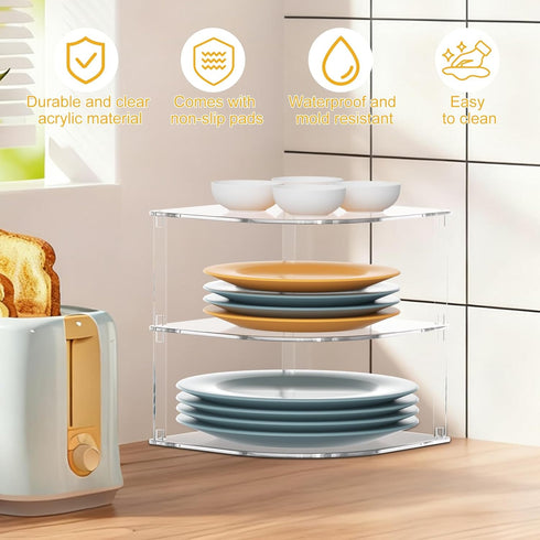 Countertop Acrylic Plate Organizer for Cabinet Kitchen Corner Clear Cabinet Organizer for Paper Plate and Bowl Dishes
