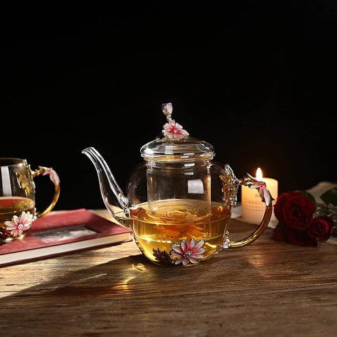 35OZ Luka Tech Enamel Glass Flower Teapot With Removable Loose Tea Leaf Infuser Tea Maker,Gifts For Women,Mom,Mothers