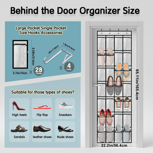 Kotkn 28 Closet Women,White-01) Compartment Over the Door Shoe Organizer, Breathable Mesh Large Shoe Rack for Storage