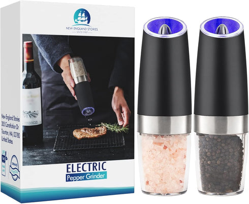 Gravity Electric Pepper and Salt Grinder Set, Battery Operated Mill with Blue LED Light, One Hand Operation, Adjustable