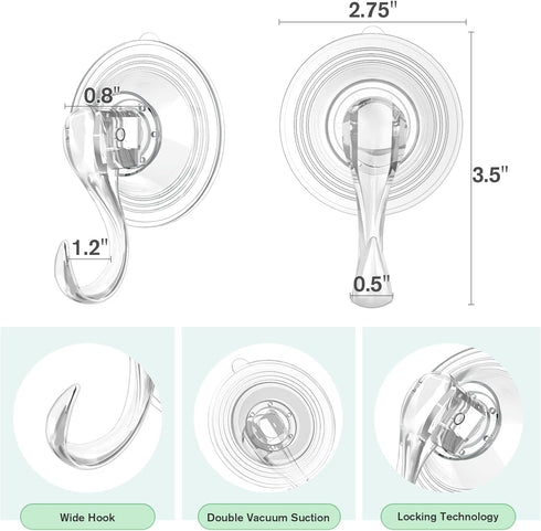 VIS'V Heavy Duty Large Suction Cup Hooks with Wipes, Removable & Reusable, Clear, 5 Pcs