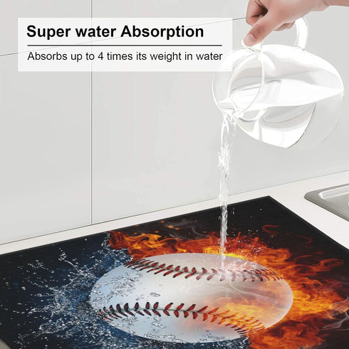 Baseball Dish Drying Mat 18x16 in, Sports-Themed Absorbent Pads with Cool Fire & Water, Drainer Mats for Kitchen Counter