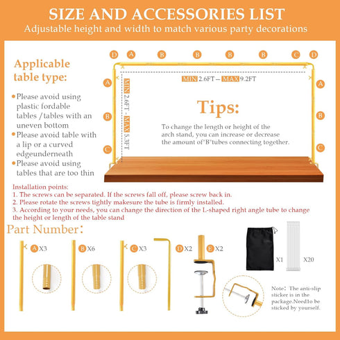 31"-110'' 31"-64" Over The Table Rod Stand with Clamps Adjustable Length Height Gold Table Balloon Arch Stand
