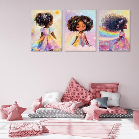 ouiytws Set Prints,Framed12 16inches X3piece Black Girl Princess Wall Art, Rainbow Hair Girl Painting,Cute Afro Girls