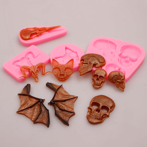 Halloween Fondant Molds, Skull Sheep Head Bat Wings Silicone Molds for Cake Decoration, Set of 5