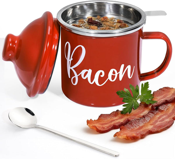Bacon Grease Saver with Strainer - 15oz Enamel Grease Container, Farmhouse Bacon