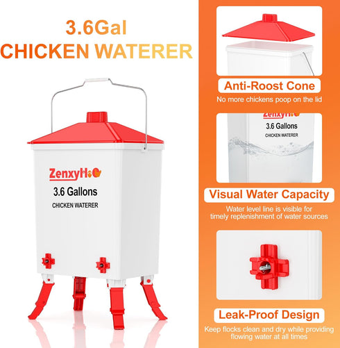 3.6 3 4 ZenxyHoC Gal Chicken Waterer with Anti-Roost Cone, Height Adjustable Locking Legs and Horizontal Nipples