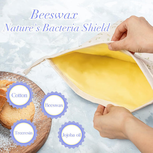 Tyzarglef 2 Pack 17x13 Inch Reusable Beeswax Bread Bags, Bees Wax Lined Cotton Linen Bags for Sourdough & Homemade