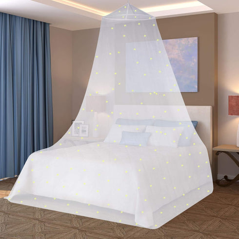 Bed Canopy Mesh Netting with Fluorescent Stars, Glow in Dark Hanging Dome Canopy for Single to King Size Beds, White