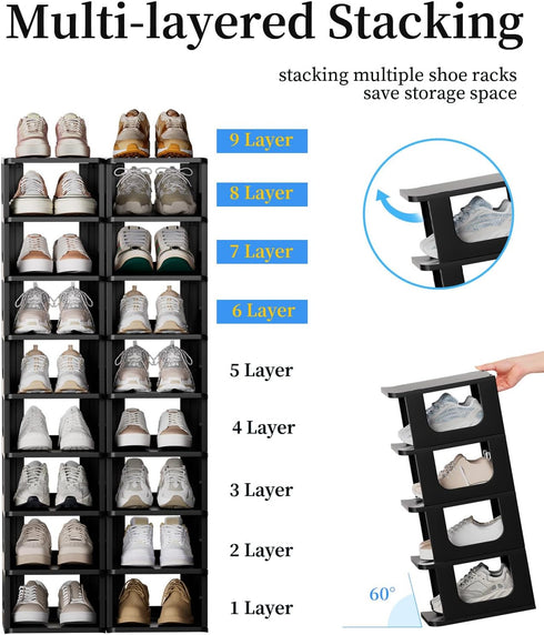 5 Closet HAIXIN Shoe Organizer Rack for Small Spaces Tier Plastic Vertical Narrow Shelves for Black Shoe Holder, Stand