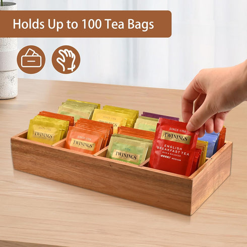 Acacia Wood Tea Bag Organizer with 8 Slots, Tea Bag Holder and Sugar Packet Storage for Countertops