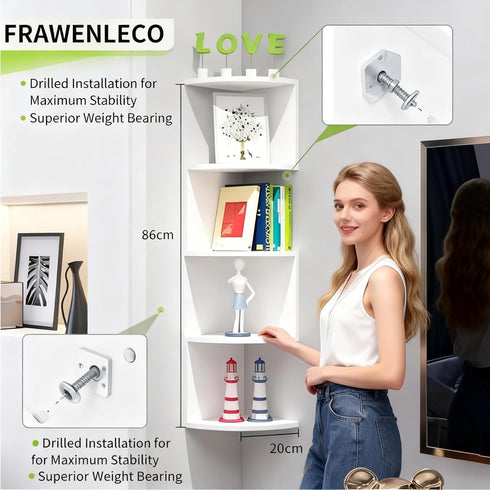 5-Tier Corner Shelf Wall Mount, Screw-Mounted Floating Bookshelf with Enhanced Support, Space-Saving Zigzag Shelf