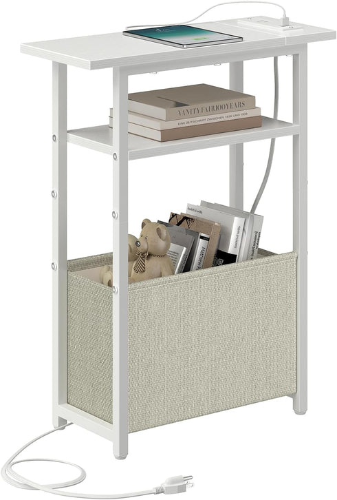 sthmec Narrow Side Table with Charging Station, Small End Table for Small Spaces,