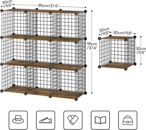 HOOBRO 9-Cube Wire Storage Organizer, Metal Grid Shelf, Modular Cabinet for Living Room, Bedroom, Rustic Brown and Black