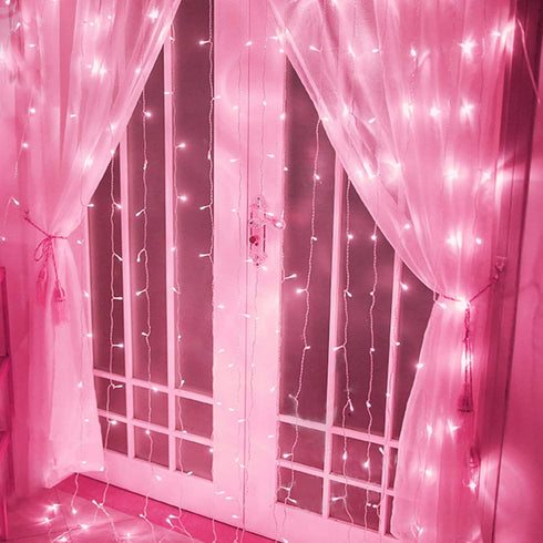 Curtain Lights, Pink LED String Lights, 8 Modes for Garden, Teen Girls' Room, Party and Window Decor