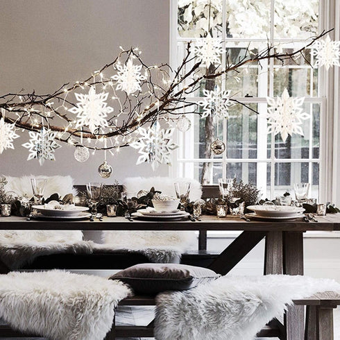 OuMuaMua Winter Christmas Hanging Snowflake Decorations, 12PCS Garland & 12PCS 3D Glittery Large White Snowflakes