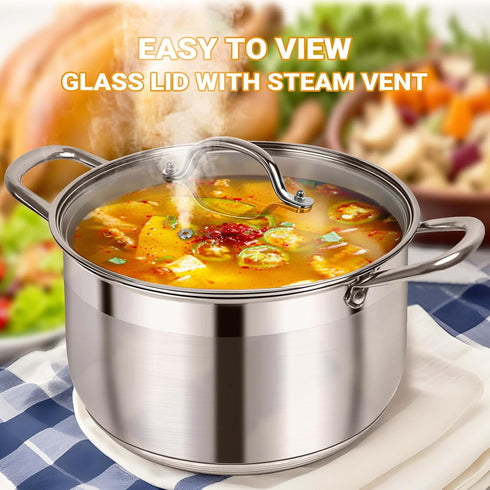 Kirecoo 8 Quart Stainless Steel Stock Pot, Heavy Duty Induction Cooking Pot with Visible Lid for Pasta, Soup, Canning