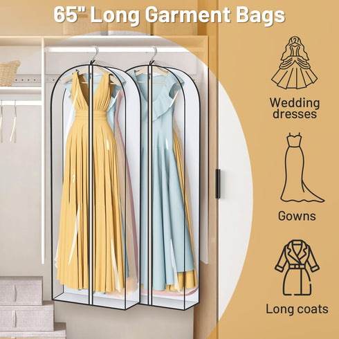 MISSLO 65" Clear Garment Bags for Hanging Clothes 4" Gusseted Dress Bags for Gowns Long Dress Cover for Closet Storage Dress Protector Bag, 2 Packs by MISSLO