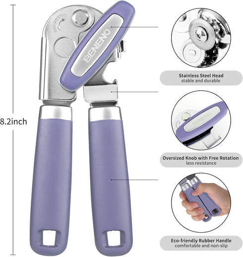 Can Opener Manual, Can Opener with Magnet, Hand Can Opener with Sharp Blade Smooth Edge, Handheld Can Openers with Big Effort-Saving Knob, Can Opener with Multifunctional Bottles Opener, Purple by Beneno