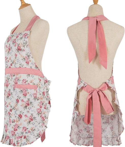 Lovely Cotton Apron for Women, Adjustable Neck Strap, 2 Pockets, 41.5” Long Ties, Cute Kitchen Cooking Apron - 30” x