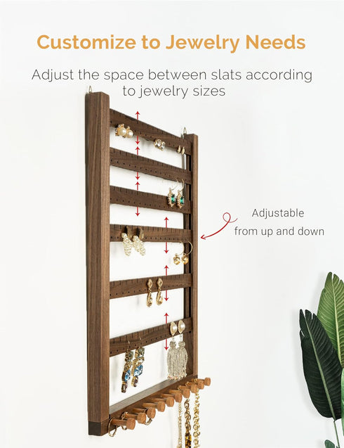 Mymazn Easy Assemble Solid Walnut Wood Earring Wall Holder Hanging Jewelry Organizer Necklace Holder Earring Hanger