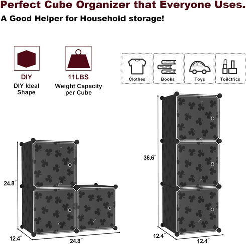 3-Cube Closet C&AHOME Cube Storage Organizer with Doors, Shelves, DIY Plastic Modular Bookshelf, Clothes Storage