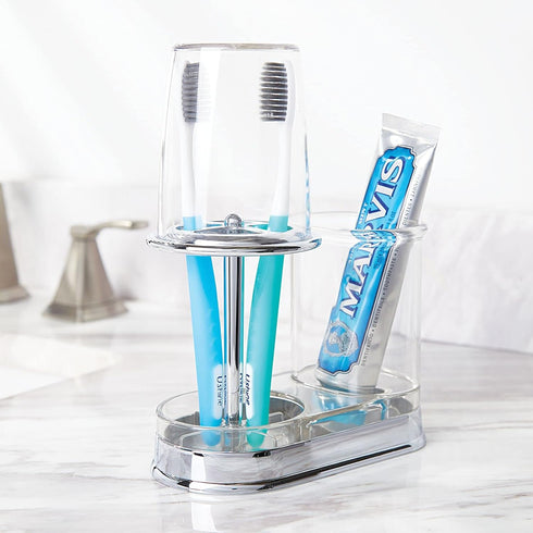 Countertop mDesign Plastic Toothpaste and Toothbrush Holder Center with Cup/Cover - Organizer for Bathroom Vanity