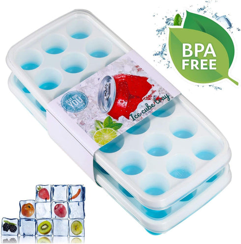 Ice Cube Trays with Easy Release - Odor Free, Spill Resistant Lid, 2 Pack, Stackable 42 Cubes, Silicone (Blue)