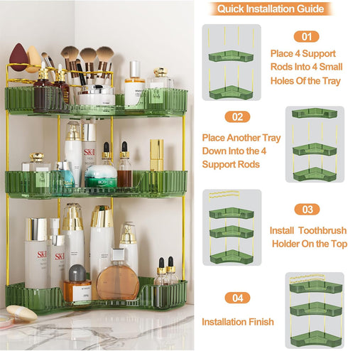 3-Tier Counter Countertop SUNZOS Corner Bathroom Organizer, Bathroom Organizer with Makeup Brush Holder, Vanity Makeup