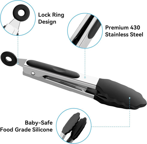 7 Inch Mini Tongs, Pack of 3 Short Silicone Tongs with Stainless Steel Tips for Cooking and Barbecue