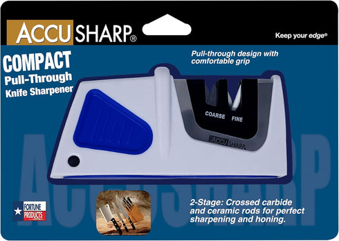 AccuSharp Compact Pull-Through 2-Stage Knife Sharpener, Repairs & Restores Kitchen Knives, Hunting Knives, Straight or Serrated Blades, Diamond-Honed Tungsten Carbide, Fine Ceramic Rods, White/Blue by ACCUSHARP