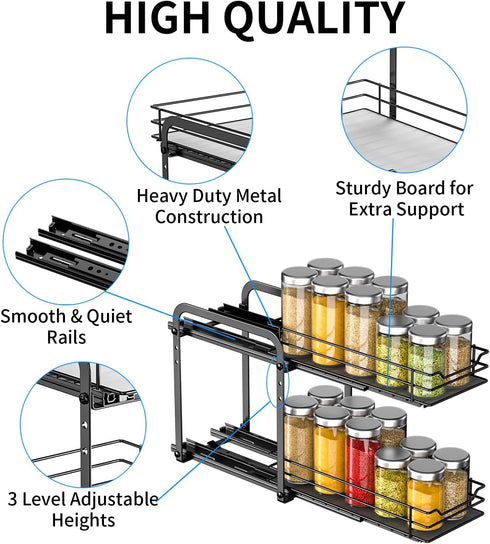 RCHYFEED Spice Organization for Cabinet, 2 Tier Pull Out Spice Rack for Seasoning Organizer, Height Adjustable Heavy