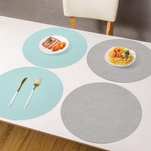 Set 6) Round Placemats Dual Sided, Faux Leather Place Mats Non-Slip Heat Stain Resistant Outdoor Table Mats Indoor