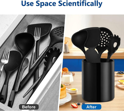 Modern Ceramic Utensil Holder for Kitchen Countertop, 6.5”H x 5.5”D Black Cooking Utensil Organizer