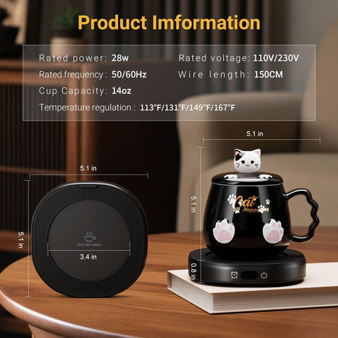 Bgbg Set, 4 Setting 167/ 75, 8 Coffee Mug Warmer & Cute Cat Mug Beverage Cup Warmer for Desk Home Office