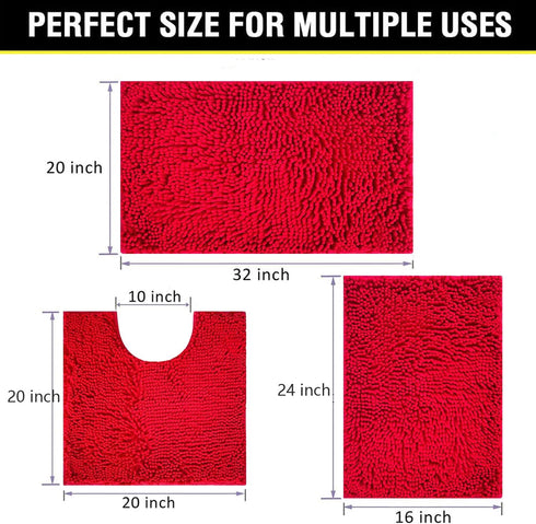 Bathroom Rugs Chenille 3-Piece Set, Extra Soft Absorbent Shag Mats, Machine Wash, Non-Slip Underside, Plush Carpet