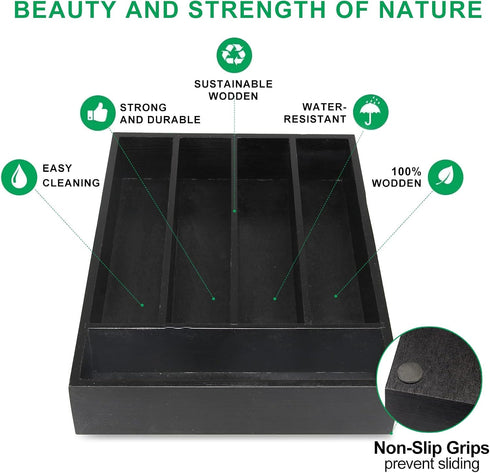 Ayiaren Wooden Cutlery Tray, Kitchen Utensil Drawer Organizer, Black Bamboo Flatware Divider