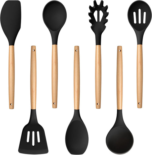 TeamFar Cooking Utensils Set of 7, Silicone Kitchen Tools with Wooden Handles, Heatproof for Non-stick Cookware