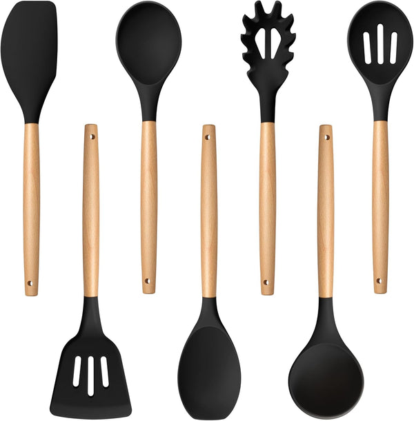 TeamFar Cooking Utensils Set of 7, Silicone Kitchen Tools with Wooden Handles, Heatproof for Non-stick Cookware