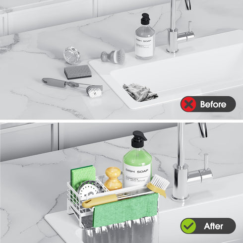 Self-Draining Kitchen Sink Caddy, Rustproof Non-Slip Sponge Holder with Detachable Dish Cloth Holder (White)