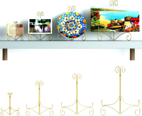 Iron Plate Stand for Display, 12 Inch Large Easels for Book, Art Piece, Photo and Platter, Folding Design, 2-Pack, Gold