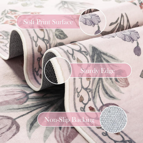 5x7 Cozy Wonnitar Pink Rugs for Bedroom Girls Nursery, Floral Print Washable Rug, Boho Ultra-Thin Non Slip Soft Carpet