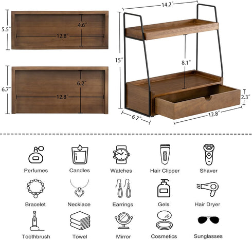 2-Tier Countertop Counter Bathroom Organizer with Drawer, Wood Organizer for Bathroom Decor, Sink Shelf for Vanity