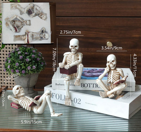 GJFASGF 3 Psc Reading Skeleton Statue Gothic Horror Decor for Bookshelf and Desk Resin Figurine Halloween Decoration