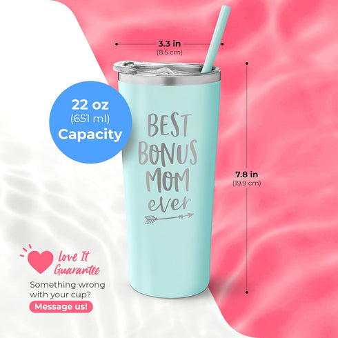 SassyCups 22 Ounce Mint Stainless Steel Insulated Tumbler | Best Bonus Mom Ever | Engraved with Lid & Straw | Stepmom
