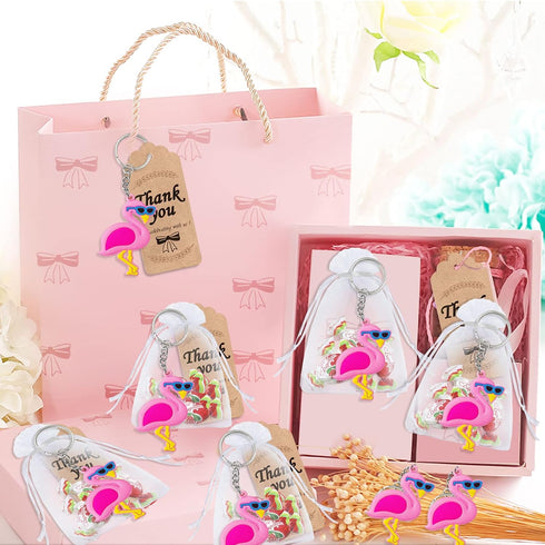 24 Pack Pink Flamingo Keyring - Party Favor for Flamingo Lovers, Guest Return Gift, Hawaii Themed Party